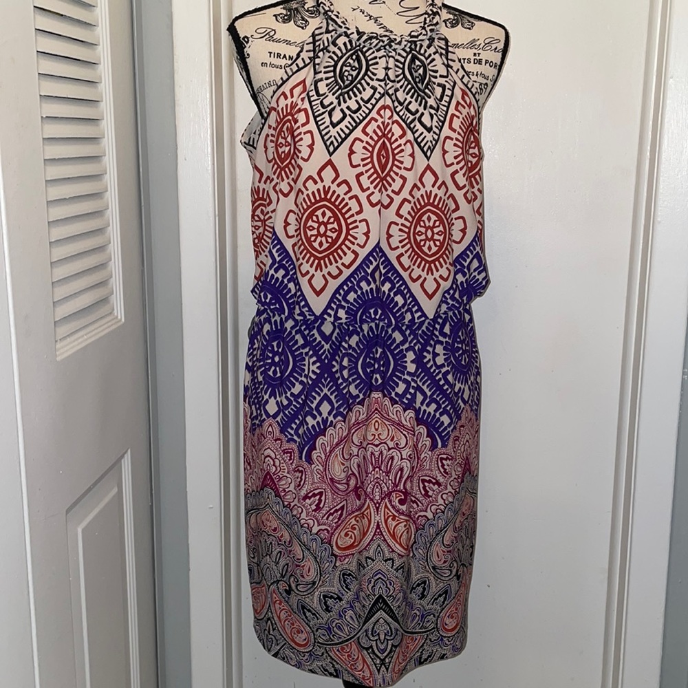 Cute DressBarn Size 4 mini dress - elastic waist - Tan, Purple, Rust